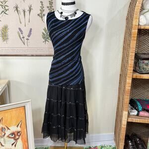 Vintage 90s Y2k Black Blue Slinky Stretch Glitter Striped Cross Back Top Party L